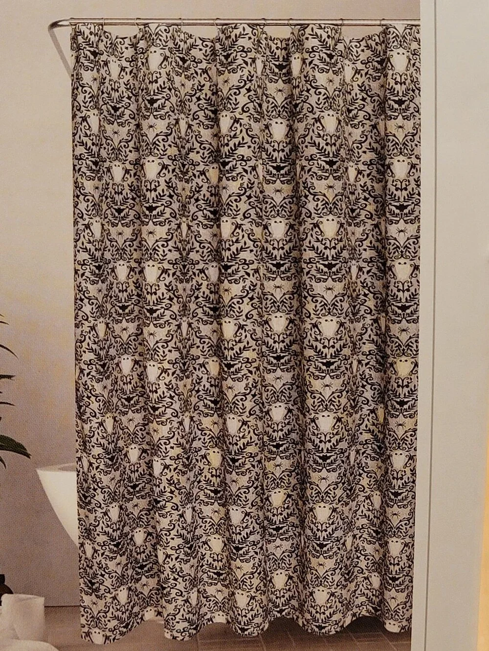 NEW Hallmark Black Gray And White Halloween Damask Shower Curtain Discontinued